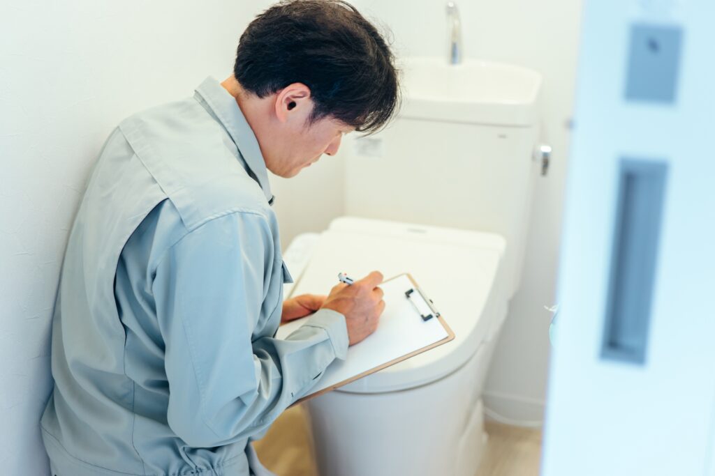 トイレをチェックする作業員