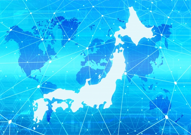 日本地図と世界地図を背景にしたネットワークのイメージ